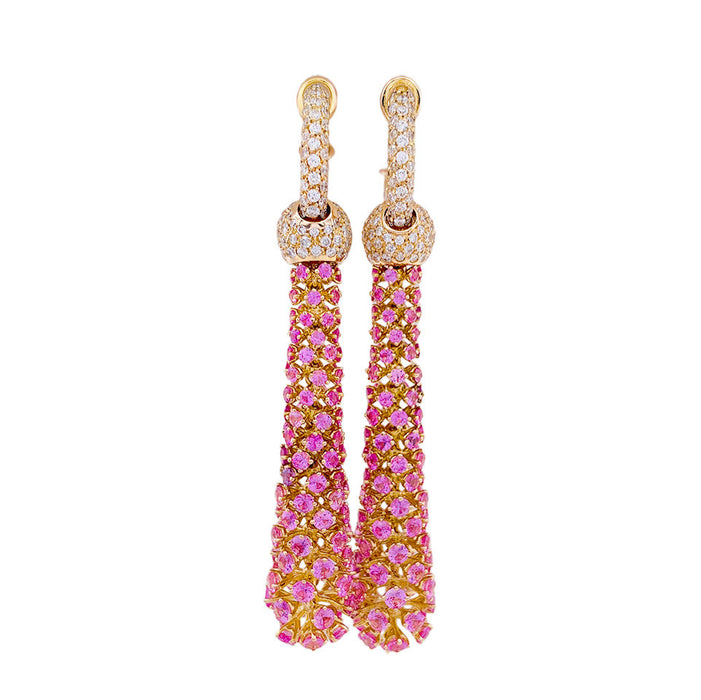 Boucles d'oreilles souples, or jaune, diamants, saphirs roses.