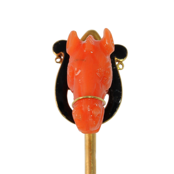 Broche Élégance équestre : une épingle à cravate antique à tête de cheval en corail français 58 Facettes 24057-0275