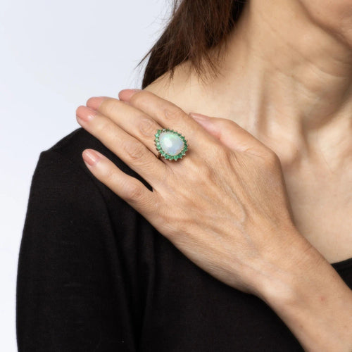 Bague Bague vintage en or blanc 14 carats avec opale et émeraude, taille poire, taille 6, bijou de domaine 58 Facettes G13608