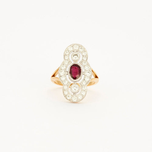 Bague 52.5 Bague Style Art Deco en or jaune, platine, diamants et centre Rubis 58 Facettes
