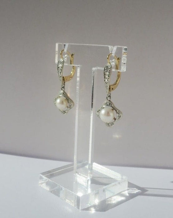 Boucles d'oreilles Boucles d’oreilles pendantes Art Déco perle diamants or bicolore 58 Facettes