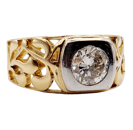 Bague 57 Bague chevalière art nouveau diamant 0,90 ct en or 18k et platine 58 Facettes A06449