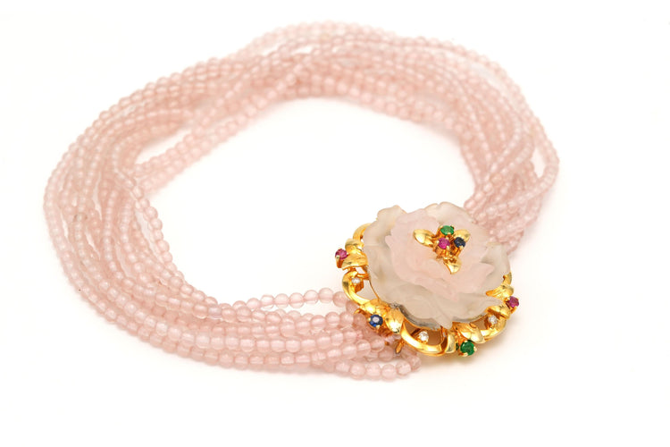 Bracelet Bracelet chinois contemporain or jaune, quartz rose, émeraudes, rubis et saphirs 58 Facettes 20743