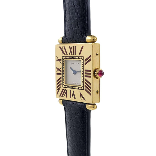 Montre Rarity Cartier Quadrant Burgundy Enamel Full Set Large Model A102 Ruby Obus 1987 1984 58 Facettes