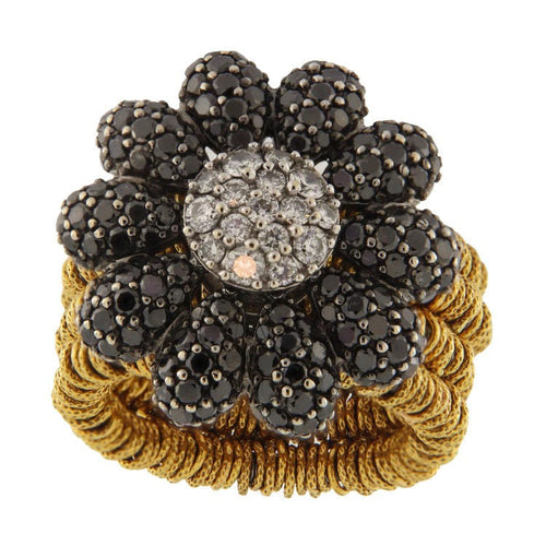 Bague 54 Bague en or jaune et blanc ornée d'une fleur et de diamants blancs et noirs 58 Facettes G3888