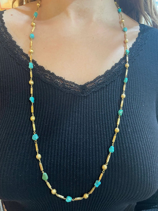 Collier Sautoir Vintage Turquoises Or Jaune 58 Facettes C134