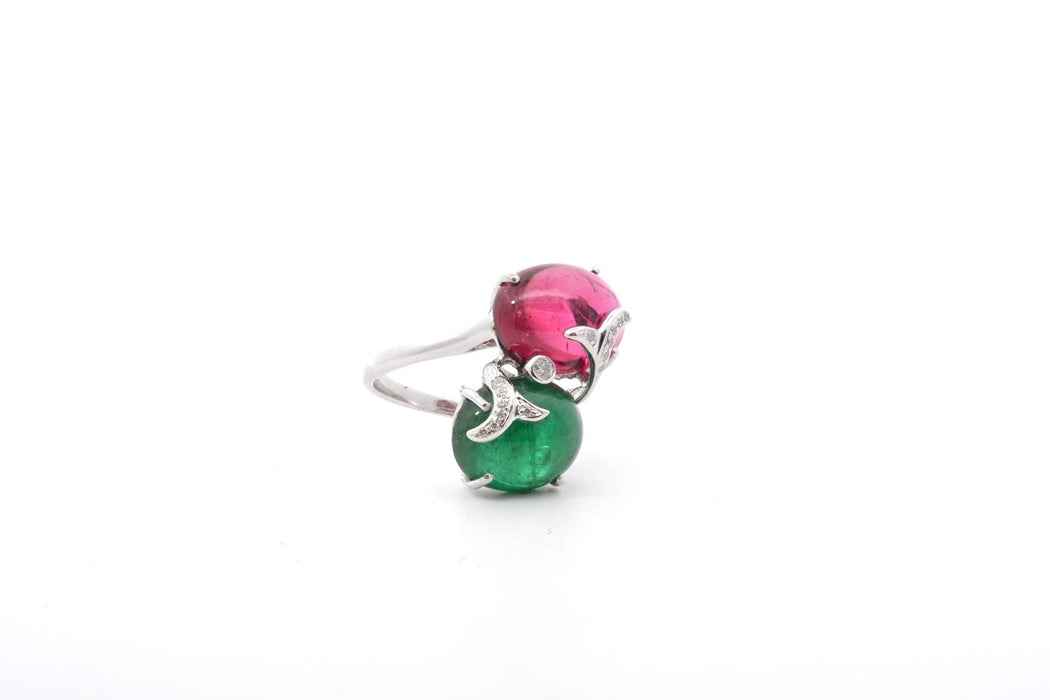 Bague or blanc tourmalines cabochons et diamants