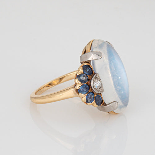 Bague Bague rétro vintage en or 14 carats palladium, pierre de lune, saphir et diamant, taille 6,25, années 1940 58 Facettes G14211