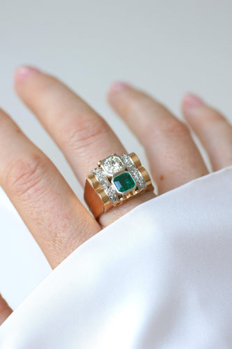 Bague 62 Bague Tank émeraude colombienne et diamants vers 1935 58 Facettes
