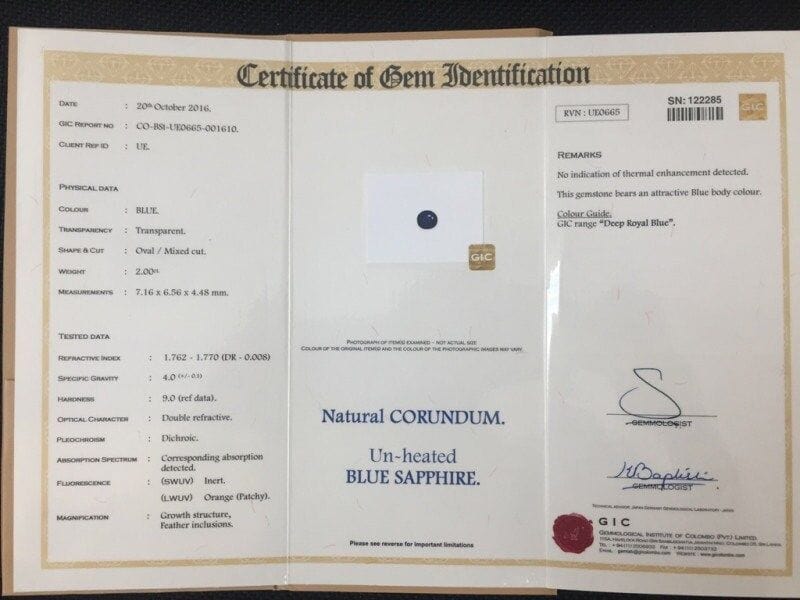 Gemstone Saphir bleu non chauffé 2.00cts certificat IGI et GIC 58 Facettes 437