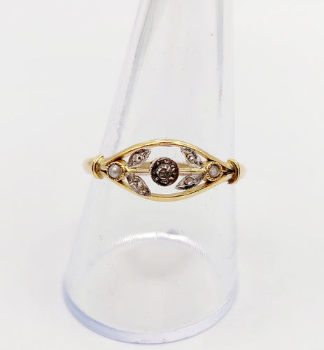 Bague 61 Bague fleur antique en or 18k, diamants taille roses et perles art nouveau 58 Facettes A06399