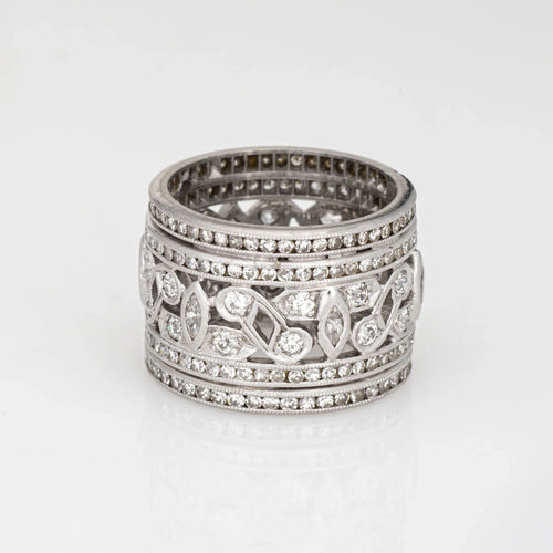 Bague Bague large en platine Art Déco vintage des années 1920 avec diamants, taille 5,25, bijoux d'éternité 58 Facettes G13595