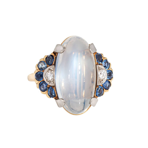 Bague 52.5 Bague rétro années 1940 en or jaune, palladium, diamant, pierre de lune et saphir 58 Facettes G14211