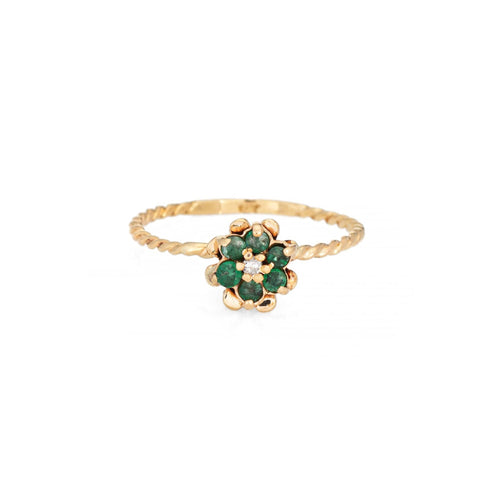 Bague tulipe vintage en or jaune 14 carats avec diamants et émeraude, taille 5,5