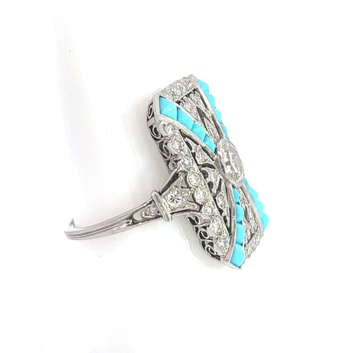 Bague 55 Platinum Art Déco Style Diamond Turquoise Ring 58 Facettes