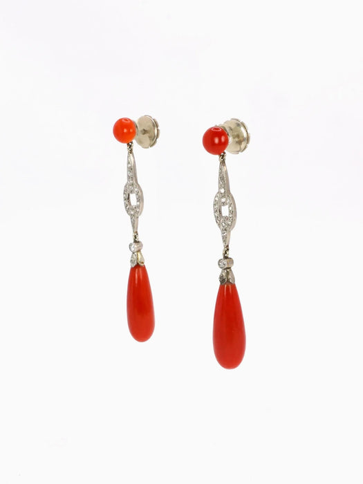 Boucles d'oreilles pendantes Art Deco corail rouge diamants taille rose