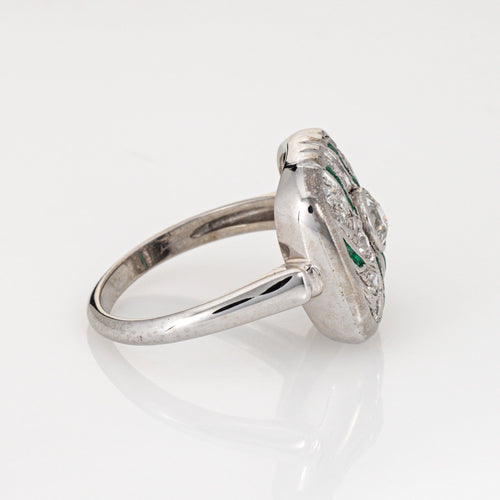 Bague 57 Bague Art Déco vintage en or blanc avec diamants et émeraude 58 Facettes G13914