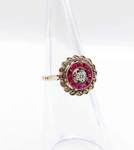 Bague fleur Art déco en or rose 18k et diamant, rubis synthétiques