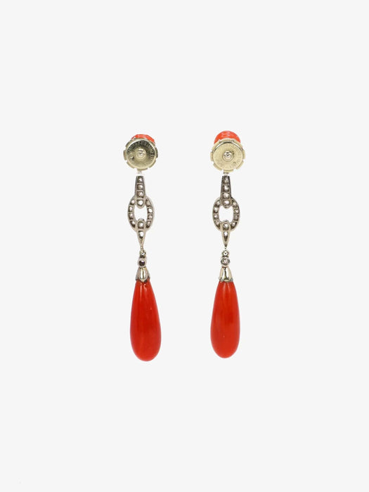 Boucles d'oreilles pendantes Art Deco corail rouge diamants taille rose