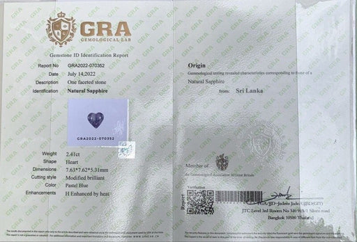 Gemstone Bleu saphir non traité 2.41cts certificat GRA 58 Facettes 506