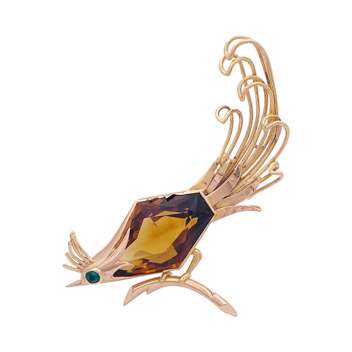 Broche Broche vintage, "Oiseau de Paradis", or rose, citrine, émeraude. 58 Facettes 34097