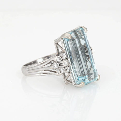 Bague Bague vintage en or blanc 14 carats avec diamants et aigue-marine allongée 11 carats, taille 6 58 Facettes G13670