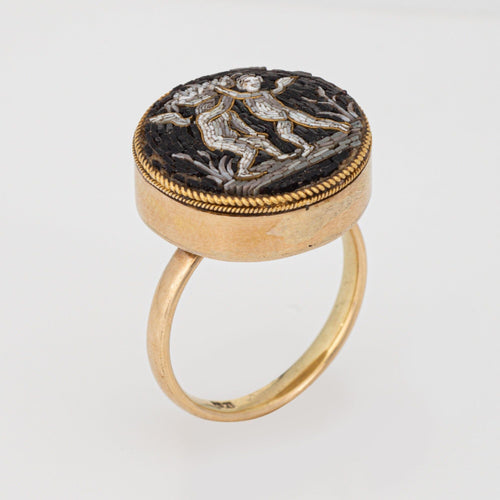 Bague antique victorienne en micro-mosaïque, chérubins, or jaune 14 carats, taille 9, bijoux fins