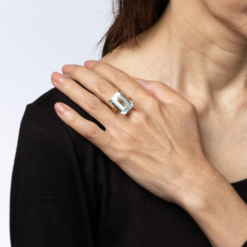 Bague Bague vintage en or jaune 14 carats avec aigue-marine 16 carats, taille 8,5, bijou de succession raffiné 58 Facettes G13594