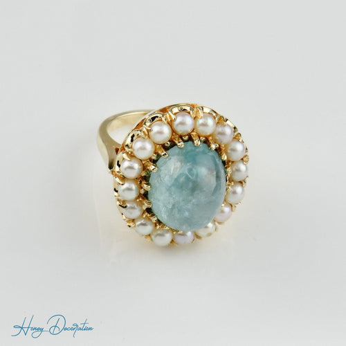 Bague 53.5 Bague vintage extravagante en or 585, ornée d'aigue-marine et de perles 58 Facettes 1996