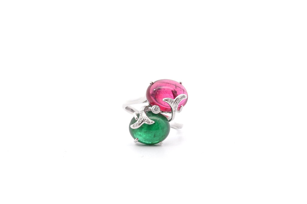 Bague or blanc tourmalines cabochons et diamants