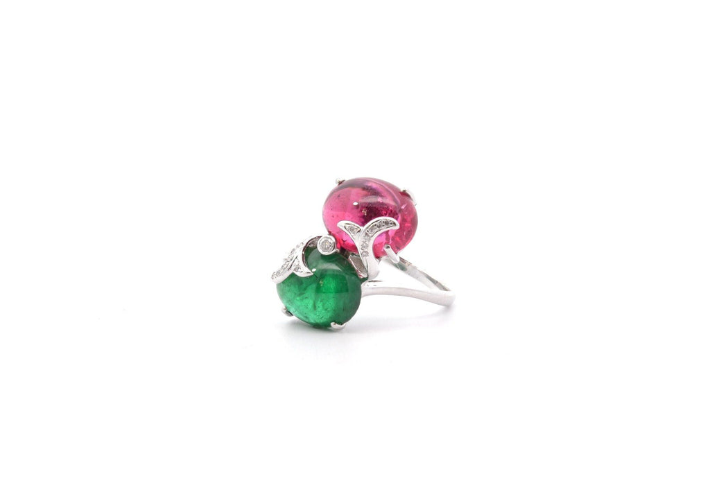 Bague or blanc tourmalines cabochons et diamants