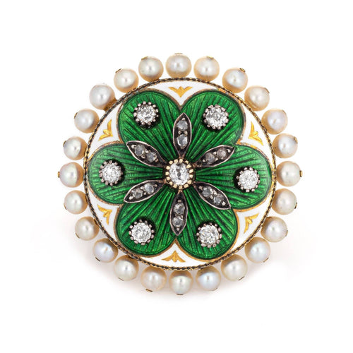Bague 49 Bague vintage en or jaune avec diamants et perles, émail vert, grande taille, ronde 58 Facettes G11415