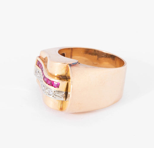 Bague 51 Bague tank en or rose,diamant et rubis  de synthèses 58 Facettes
