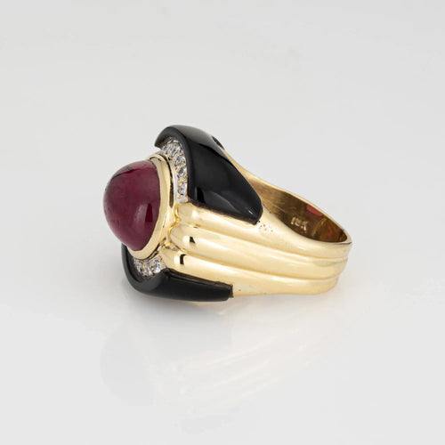 Bague en or 18 carats vintage avec diamants et tourmaline rose et onyx des années 80, taille 7,5