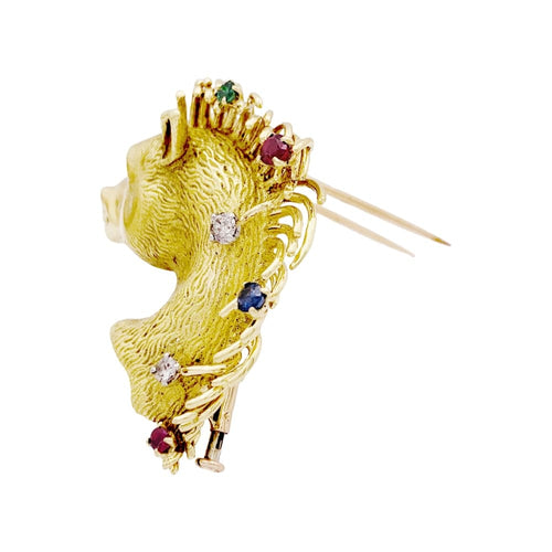 Broche Broche "protomée de cheval", or jaune, diamants, rubis, saphir et émeraude. 58 Facettes 35110