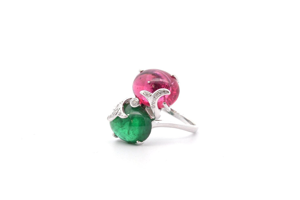 Bague or blanc tourmalines cabochons et diamants