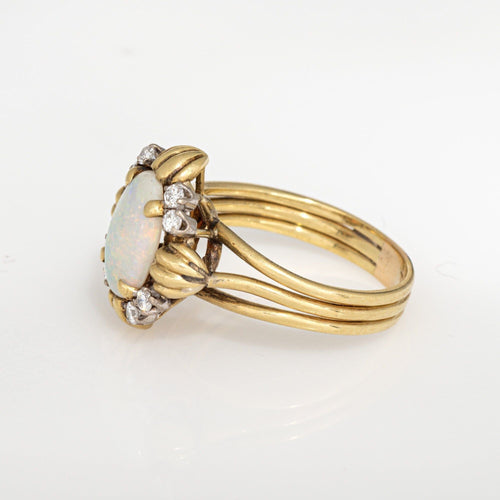 Bague Bague vintage en or jaune 18 carats avec opale et diamants, style années 70, taille 7,25, bijou de cocktail 58 Facettes G13863