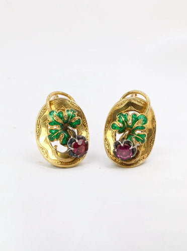 Boucles d'oreilles Dormeuses pampre de vigne or, émail vert et grenat 58 Facettes J330