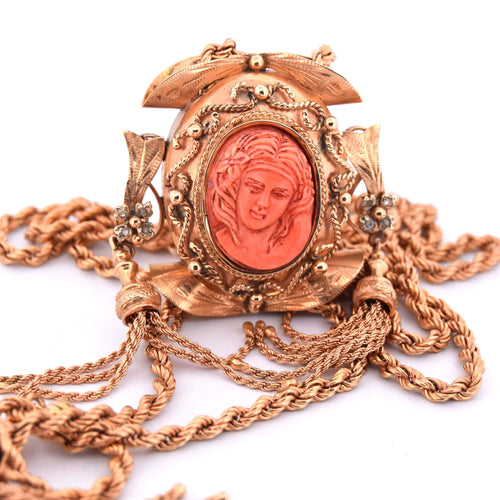 Collier Collier ancien avec camée corail en or 14k et diamants 58 Facettes CL115