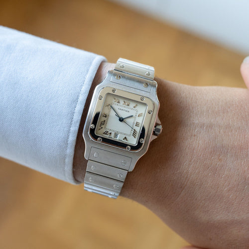 Montre Cartier - Montre Santos Galbée cadran ivoire chiffres romains bracelet acier 58 Facettes