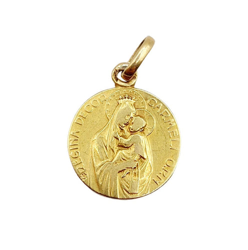 Pendentif Médaille religieuse vintage or jaune double face Notre Dame du Mont Carmel 58 Facettes A05604