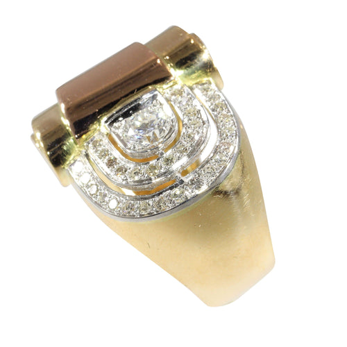 Bague 54 Beauté architecturale : bague vintage des années 1950 en or jaune, rouge et platine avec diamants 58 Facettes 24275-0277
