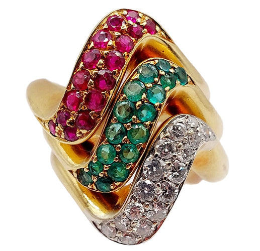 Bague 49 Trilogie de Bagues jonc vintage or ornée d'un pavé diamants, émeraude et rubis 58 Facettes A04056-7-8