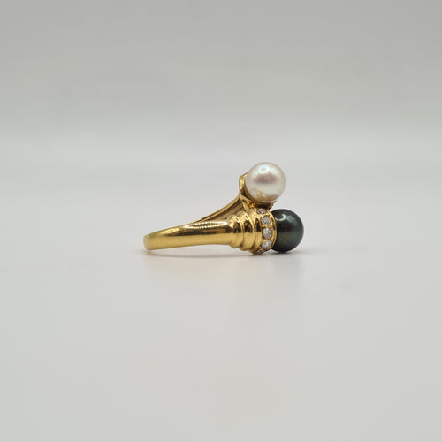 Bague 53 Bague toi & moi or jaune sertie de diamants, perle de culture et perle Tahiti 58 Facettes