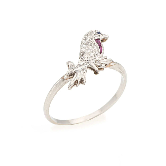 Bague 58.5 vintage Art Déco Bird Ring Conversion Platine Diamant Saphir Rubis 58 Facettes G13453