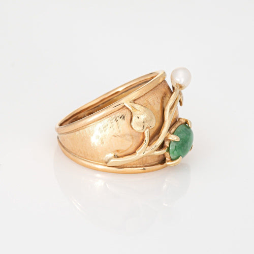 Bague 59 Bague à cigares large vintage en jade et perles, années 70 58 Facettes G14036