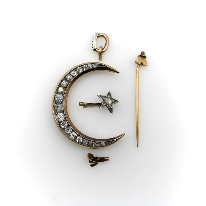 Pendentif Broche pendentif convertible en forme de croissant de lune et d'étoile victorienne en or 58 Facettes