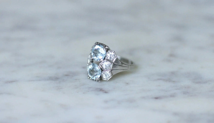 Bague Bague dôme Art Deco aigue-marine et diamant 58 Facettes