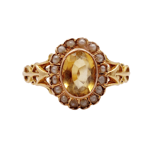 Bague marguerite antique citrine et perles en or rose 18k (circa 1900)