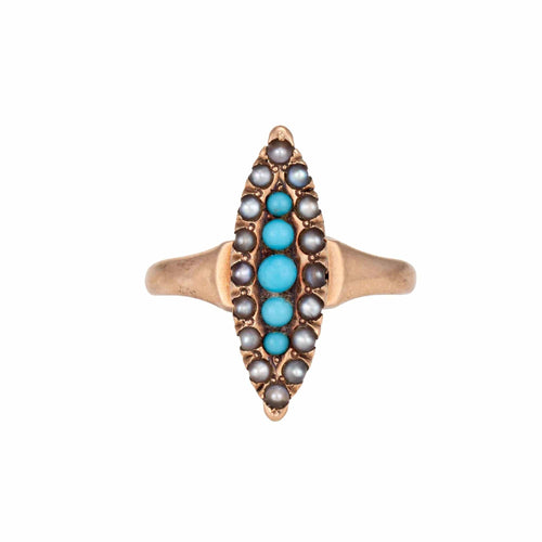 Bague 51 Bague Navette Victorienne Antique Perle De Graine Turquoise Or Jaune 58 Facettes G12477